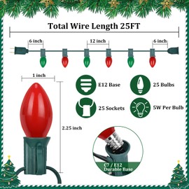 Agaphoton Christmas Lights 25FT, C7 Vintage Christmas String Lights with 27 Red & Green Ceramic Bulbs, Hanging Outdoor & Indoor String Lights for Christmas Decor (Green Wire)