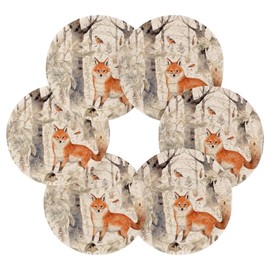SDMKA Cute Forest Fox 6 Pcs Cotton Woven Coasters with Holder - 3.9 Inch Absorbent Drink Coasters - Ideal Cup Coasters for Coffee Table Protection