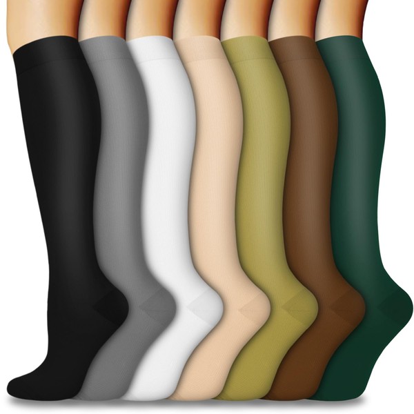 5 pares de calcetines de compresión de cobre para mujeres y hombres, circulación de 20 a 30 mmHg, el mejor apoyo para correr, atletismo, enfermería, viajes, 04 Black/Gray/Green/Ginger/Orange, Large-X-Large