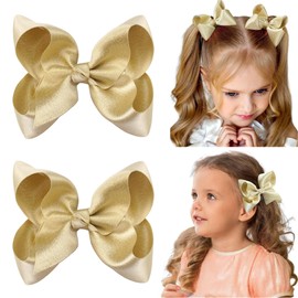 CÉLLOT 2 Pcs 4.5 inch Hair Bows for Girls Alligator Clips Grosgrain Ribbon Solid Color Back to School Festival Christmas Hair Accessories for Baby Girls Toddler Girls Kids-Shinning Gold