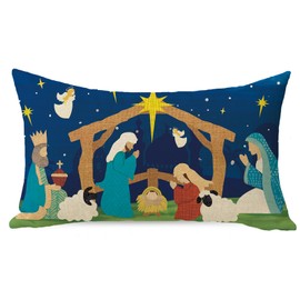 Ussap Christian Christmas Nativity Lumbar Decorative Throw Pillow Cover 12 x 20, Religious Xmas Jesus Rectangle Cushion Case Decor, Winter Holly Night Holiday Home Decoration for Sofa Couch