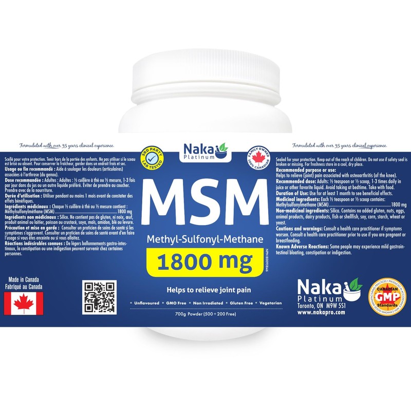 Naka Platinum MSM Powder, 1800mg, Relieve Joint Pain, (700 gram)