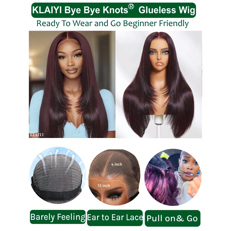 KLAIYI Black Cherry Layered Straight 13x4 Pre Cut Lace Front
