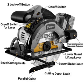 DEKOPRO 20V Cordless Circular Saw, 6-1/2-Inch Blade, 4500 RPM Circular Saw Cordless with 2 Battery and Charger（ 4.0Ah ）