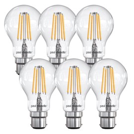 paul russells LED Filament GLS Light Bayonet Celling B22, 60w Equivalent A60 GLS Standard Globe 7W 806LM LED 2700K Warm White, Fittings BC Energy Saving Lamp, Pack of 6