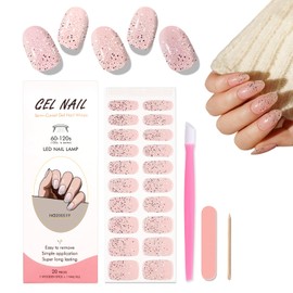 WOKOTO Semi Cured Gel Nail Strips, 20 Pcs Pink Glitter Solid Semi Cured Gel Nail Stickers Full Nail Wraps With Nail File & Wood Stick, UV Light Required, Salon Quality, Easy to Apply&Remove
