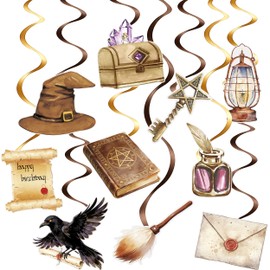 20Pcs Wizard Hanging Swirls - Gold & Brown Metallic Magic Party Decor, Watercolor Witch Spell Designs, for Magic Themed Birthday Halloween Party Supplies