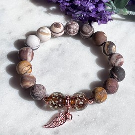 Handmade Beaded Bracelet, 10mm Natural Australian Zebra Jasper + Glow in the Dark Murano Glass Beads, Energy Healing Earthing Grounding Bracelet