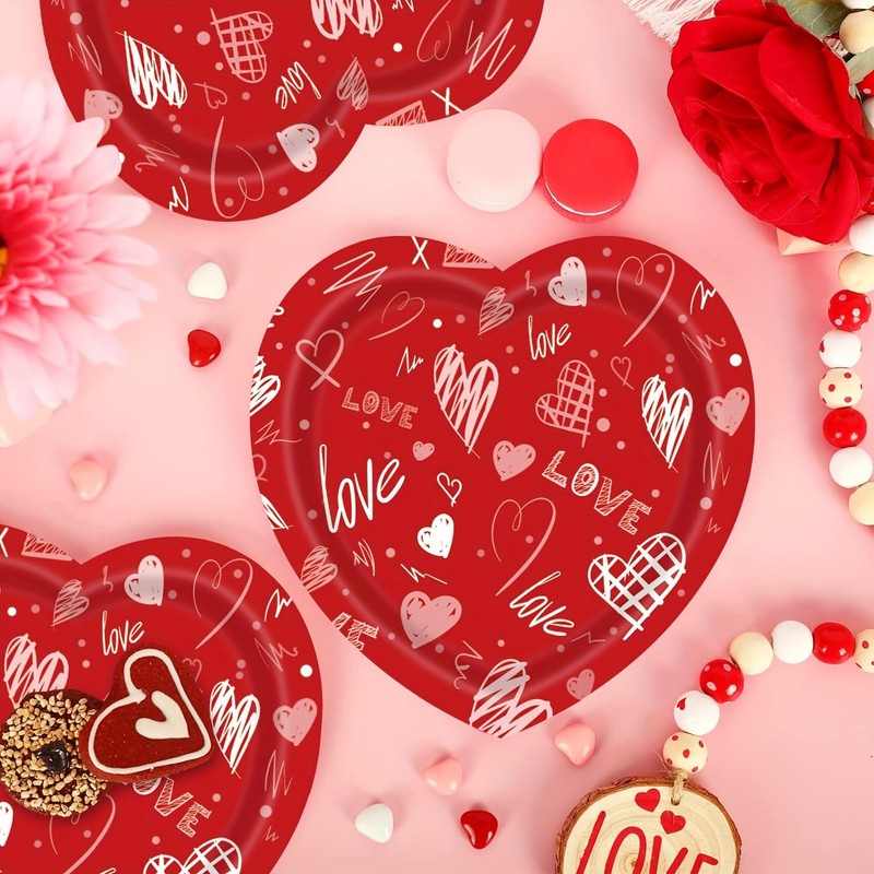 Happy Valentines Day Paper Plates Red Heart Love Shape Disposable