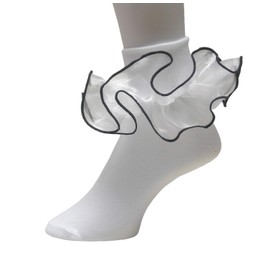 Girls Double Ruffle Socks - Big Full Organza with Trim Pageant Fanfare Foldover Ankle Style - 3-6 Year Old (Size 7-8, White w/ Black Trim)