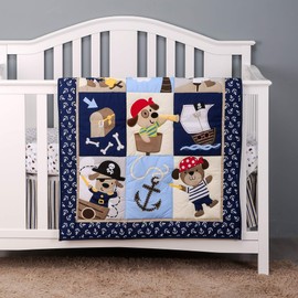 Brandream Boys Crib Bedding Sets Nautical Anchor Palm Dog Pirate Theme Nursery Set - Baby Quilt, Fitted Crib Sheet, Crib Skirt Included, 3 Pieces Navy Blue