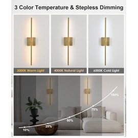 Gold Sconces Wall Decor Set of 2, Recgargeable Wireless Battery Operated Wall Sconce with Romote Control, 3000K/4000K/6000K CCT, Dimmable from 5%-100%, 15600mAh Battery for 30-62H Long Lasting, 27.5"