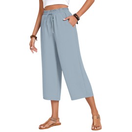 Anyhold Womens Capri Pants Loose High Waisted Wide Leg Lounge Pants Drawstring Casual Palazzo Trousers with Pockets Large, Denim Blue