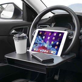 Double-use Steering Wheel Tray(14.5*11inch), Car Food Trays for Eating with Drinks Holder, Car Trays for Eating for Pad Laptop, Multipurpose Travel Car Accessories, Fits Most Vehicles Steering Wheels