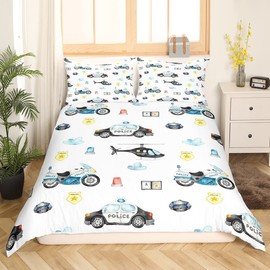 Sunnybed Police Helicopter Bedding Set, Police Motorcycle Bedding Set, 135 x 200 Boys Police Van Bedding Set for Kids, Teens, Watercolour Cop, Vehicle, Car