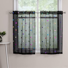 Black Sheer Tier Curtains for Kitchen 36 Inches Length Colorful Metallic Polka Dots Printed Holiday Cafe Sheer Curtains for Dining Room Small Window Drapes for Bathroom Rod Pocket, 28"w 1 Pair