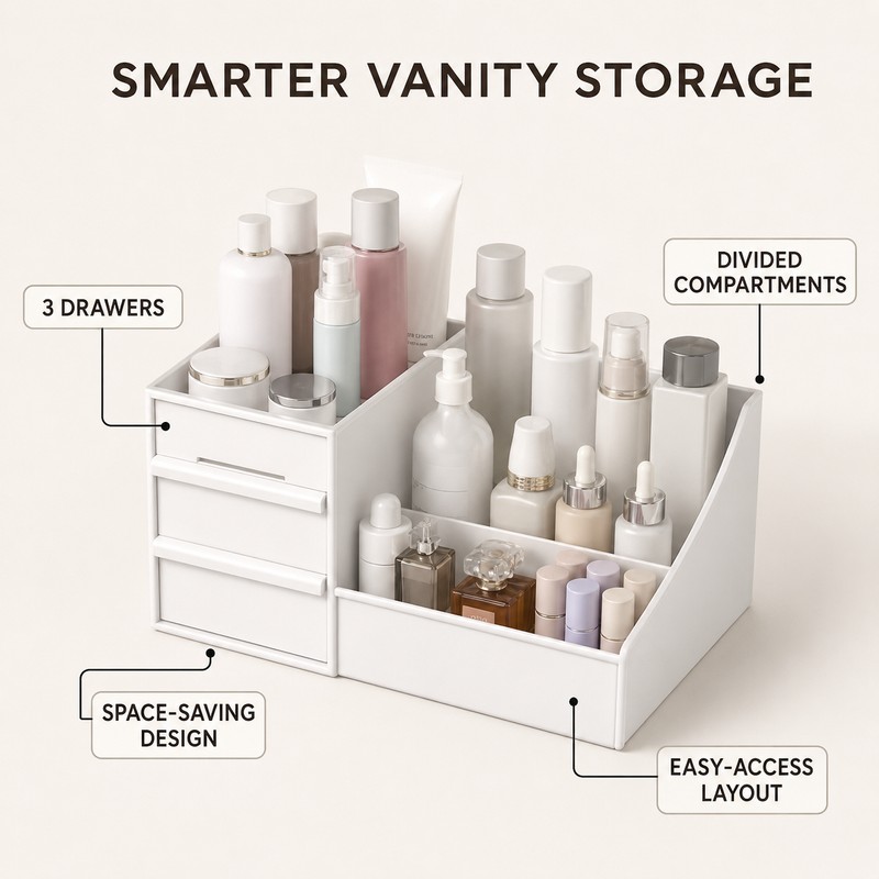 White Plastic Makeup Organizer with Drawers and Compartments