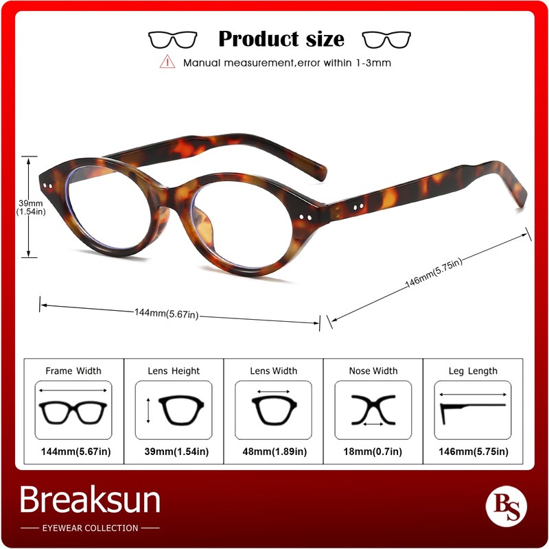 Breaksun Retro Oval Glasses for Women Men Small Face Cat-eye