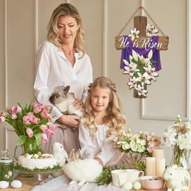 Queekay Queekay Easter He He Is Risen Wreath for Front Door Decor Religious Easter Decoration Wooden Egg Rabbit Cross Door Sign Hanging Sign Christian Floral Decor for Party Supplies(Cross Style)