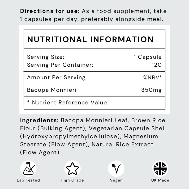 Bacopa Monnieri Capsules 350mg - Organic Brain/Memory Supplements - Made