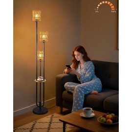 ACOHOOK 63IN Dimmable Floor Lamp with Shelf, Black Rattan Tall Standing Lamps Candle Holder Style, 3000K Warmwhite Mid Century Modern Floor Lamp for Living Room (Bulbs Included)