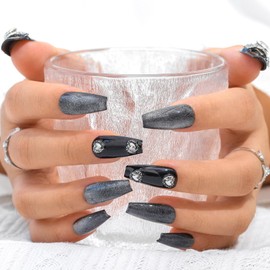 Sethexy Long Coffin Black False Nails Handmade Rhinestone Cat Eye Acrylic Fake Nails 3D Crystal Glossy Press On Nails Salon Quality Nail Removable for Women and Girls(P)