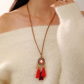 Inateannal Leather Suede Long Tassel Necklace Long Sweater Pendant Necklace Tribe Black Red Fringe Leather Sweater Tassel Chain Gold Leaf Pendant Necklaces