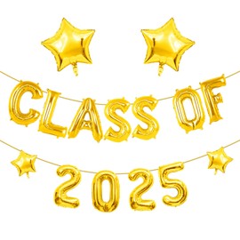 CLASS OF 2025 Graduation Balloons - 12 Pcs Letter & Gold Star Prom Decorations, Foil Backdrop Banner for High School College Grad Parties, Leavers Party Supplies 2025