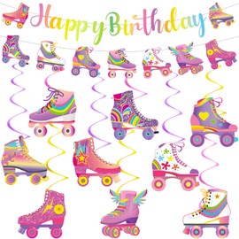 Roller Skating Party Decorations Banner Roller Skate Birthday Party Supplies Colorful Rainbow Skate Birthday Banner Double Sided Hanging Swirls Decor for Hip Hop Rollerskate Bday Favors Decorations