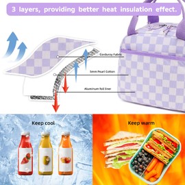 LEDAOU Insulated Lunch Box Women Reusable Lunch Bag Cord Lunch Tote Handbags Leakproof Thermal Cooler Lunch Case Large Capacity (Purple-White Grid)