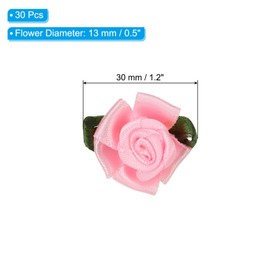 PATIKIL Mini Satin Ribbon Roses, 30 Pcs Small Rosettes Fabric Flowers with Green Leaves for Craft Projects Embellishments Applique, Pink