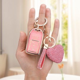Vicoca for Honda Key fob Cover with Diamond Heart Keychain, Car Accessories TPU for 2016-2022 Accord Civic CRV Pilot Odyssey Smart Key Case, Gold Pink