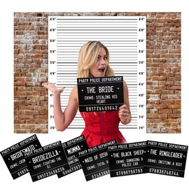 Onward Till Dawn Cloth Brick Print Backdrop & 40Unique Crimes on 20 Bachelorette Party Mugshot Signs|Plus Game Activity instructions|Great as Photobooth Props for Girls NightOut, Stagette Hen Parties
