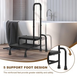 OUDUCK Step Stool with Handle, Medical 2 Step Stool for Elderly with Adjustable Handrail and Reinforced Leg, Bed Steps for High Beds for Adults, Seniors, Handicap, 350LBS