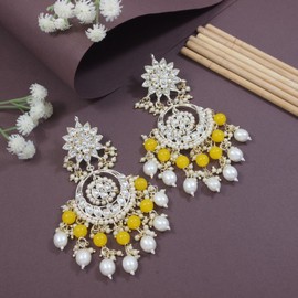 I Jewels Gold Plated Indian Wedding Bollywood Kundan & Pearl Chandbali Earrings for Women (E2916Y), No Gemstone