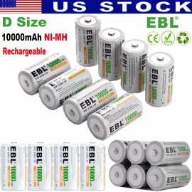 EBL D Cell Size NIMH Rechargeable Batteries 1.2V Battery + Case Box Lot - 12x D Cell Battery