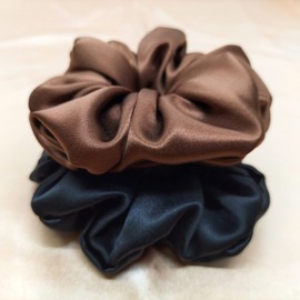 100% Silk Scrunchies for hair, HapHeara Hair Scrunchies 2 Pack, 100% Pure Mulberry Silk Hair Ties Hair Bands for Women, Girls, Thick Curly Hair No Crease Soft & Less Pulling-Black+Brown