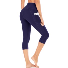 IUGA Women's Navy Blue High Waisted Yoga Capri Leggings with Pockets