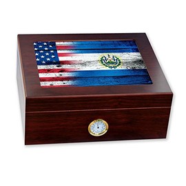ExpressItBest Premium Desktop Humidor - Glass Top - Flag of El Salvador (Salvadorian) - Wood with USA Flag - Cedar lined with humidifier & front mounted hygrometer.