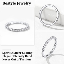 Bestyle Dainty Cute CZ Silver Ring 2MM Wide Silm Thin Pinky Ring for, Stunning Women' Stacking Ring Index Finger Band Ring, Every Day Wear Ring, Size 8