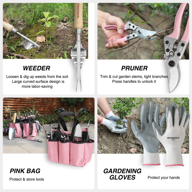 WORKPRO 8-Piece Pink Garden Tool Set, Stainless Steel Gardening Tools