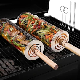 Rolling Grill Baskets, 304 Stainless Steel Nesting Grilling Basket with Removable Handle, Outdoor BBQ Accessories Tools, Rolling Barbecue Basket for Vegetables and Shrimp, Birthday Gifts for Men Dad Husband, 2Pcs