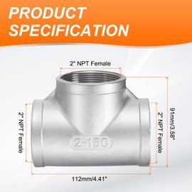 QUARKZMAN TEE PIPE CONNECTOR (2" x 2" x 2") NPT FEMALE 304 STAINLESS STEEL T-SHAPED 3 WAY T CONNECTOR FOR INDUSTRIAL CONNECTION WATER AIR GAS OIL FUEL