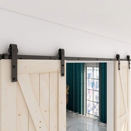 TSMST 16FT Sliding Barn Door Hardware Kit for Double Wood Door, Large Size Heavy Duty Sturdy Barn Door Track for Farm Barns - Indoor & Outdoor - J Shape