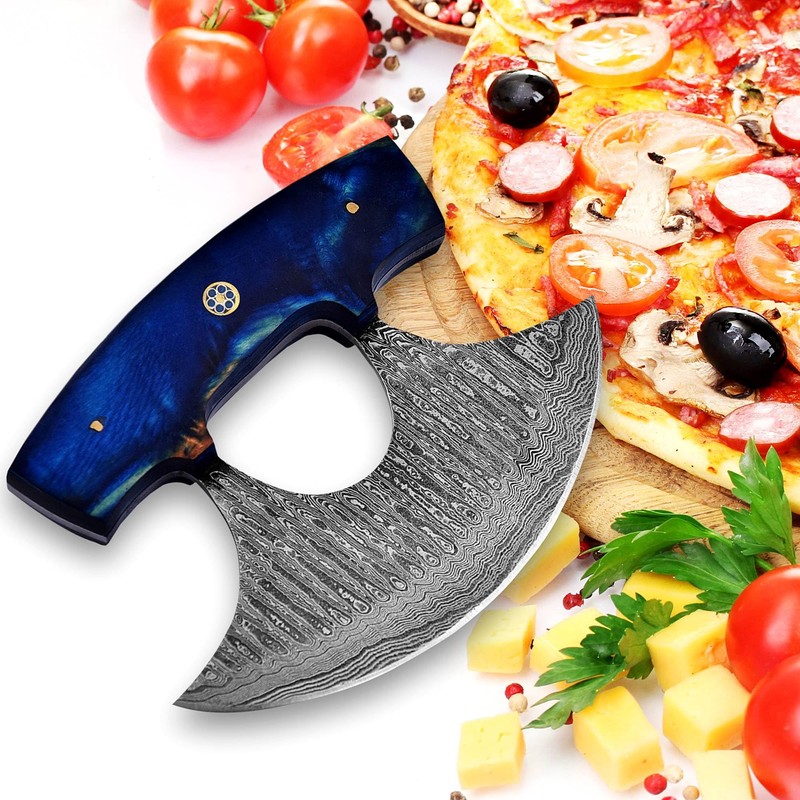 MOHID ENT Damascus ulu knife with leather sheath, 6" Best
