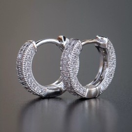 Tsv Jewelers Sterling Silver Small Iced CZ Hoop Huggie Men Women Hip Hop Hoop Earrings