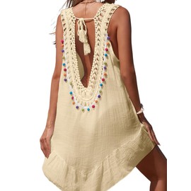 EHSUYAB Womens Chiffon Bathing Suit Cover Up Dress, Boho Crochet Tassel Swimsuit Coverup，Sheer Dresses Beach Vacation Outfits Apricot One Size