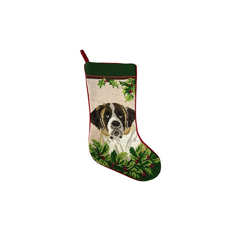Animal Den Saint Bernard Christmas Stocking 100% Needlepoint Hand Stitched