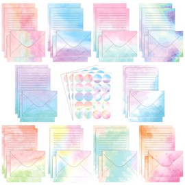 TaoBary 160 Packs Stationery Paper Set (50 Double Sided Stationery Writing Papers 50 Matching Envelopes) 60 Round Dot Sticker, 10 Design(Watercolor,5.5 x 8.25 Inch)