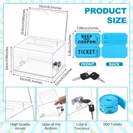 Havawish Enter to Win Raffle Ticket Box with 500 Raffle Ticket Double Roll and Slot Clear Acrylic Donation Box with Lock 6.3" x 4.7" x 3.9" Ballot Holder with 2 Keys for Lottery Game Suggestion(Blue)